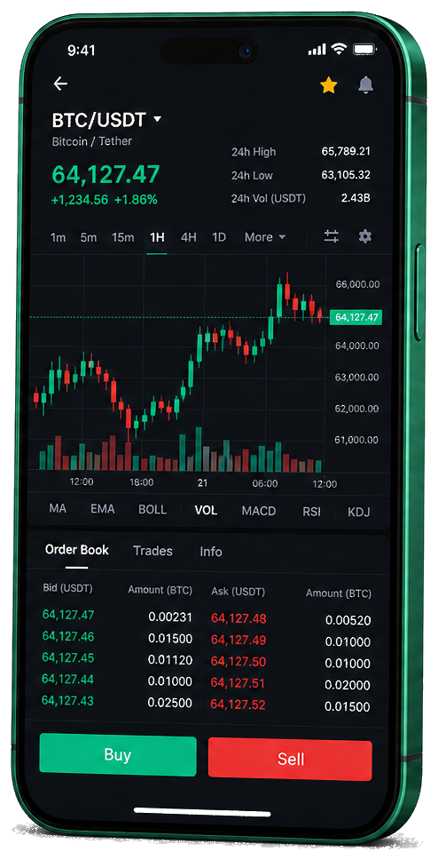 Ziraat Mobil mobil ticaret platformu — canlı BTC/USDT grafik, emir defteri ve alım/satım arayüzü